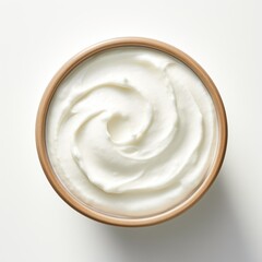 Natural Creamy Yogurt in Wooden Bowl on White Background