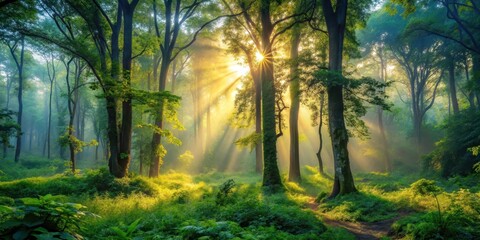 Dense foliage and towering trees in a serene forest setting at dawn, dawn light, nature scenery