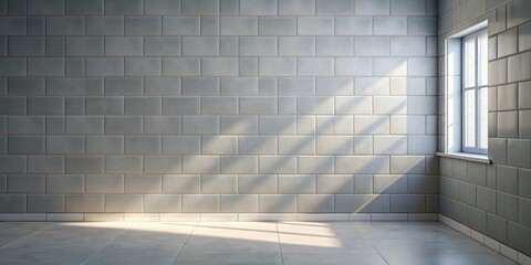 Obraz premium Grey wall with white ceramic tiles and sunlight streaming through a small window, illuminating the surrounding area and casting a warm glow on the floor, interior decor, tiles