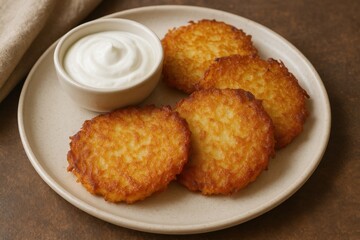 Draniki (potato pancakes) Served with sauce or sour cream.