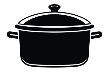 Isolated black cooking pot with its lid and two handles is depicted clearly