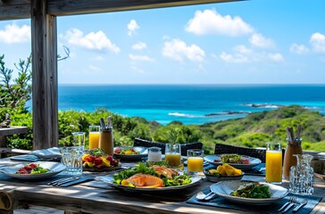 During summer vacations, tables are set with luxurious food and juices in a beautiful setting by the sea. The idea is to spend the vacation in a beautiful setting and represent a romantic atmosphere.