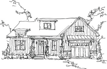 hand drawn architectural sketch of beautiful classic detached village house with garden  and trees