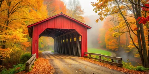 Old red wooden covered bridge with autumn leaves and misty fog