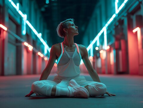 Diversity in exercise & wellness, yoga: Non-binary person in neon yoga gear stretching in cyberpunk city alley, futuristic wellness and pride. - Powered by Adobe