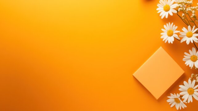 White daisies and orange note flatlay minimalist floral background