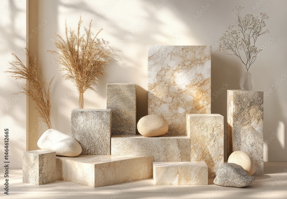 Poster elegant display of natural textures with marble blocks and dried flora in soft light set against cre