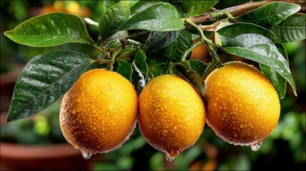 Fresh oranges with water droplets hanging on a branch