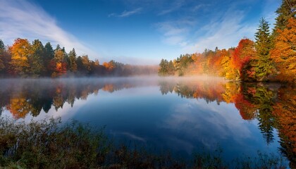serene morning mist over a tranquil lake surrounded by autumn forest reflections