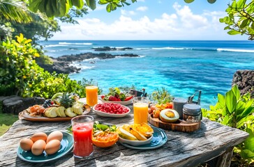 During summer vacations, tables are set with luxurious food and juices in a beautiful setting by the sea. The idea is to spend the vacation in a beautiful setting and represent a romantic atmosphere.