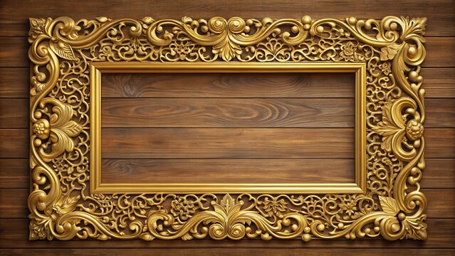 Golden rectangle frame with ornate gold border and intricate designs on a wooden table, antique, opulent