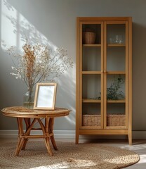 Elegant wooden cabinet with glass doors beside a round wicker table adorned with dried flowers and a blank photo frame in a cozy setting