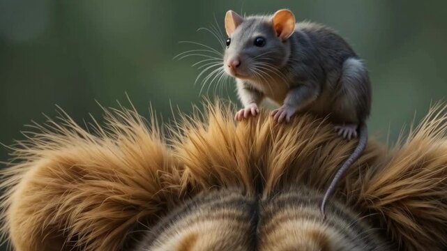 A cute rat, a furry mammal, enjoys sitting over the head of Lion. 