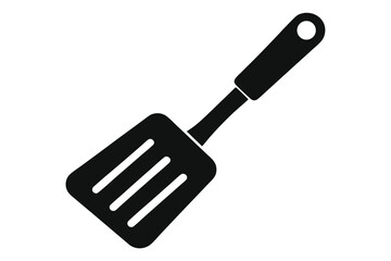Simple black spatula with three slots offers clean cooking convenience on transparent background