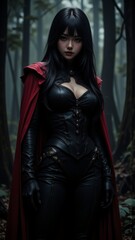Powerful Asian Woman in a Forest with a Dark Cloak and Confident Stance