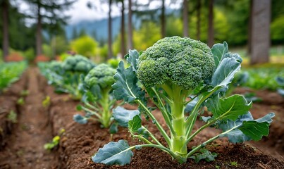 Fresh Broccoli Heads in Garden Row