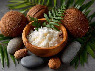 Fresh coconut flakes in bowl