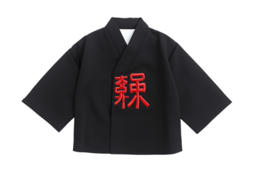 Black traditional jacket featuring bold red Asian character embroidery on the front.