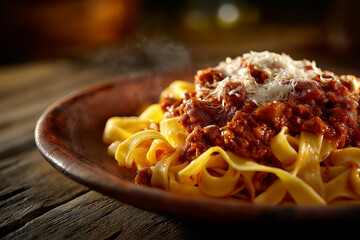 Tagliatelle al ragù alla Bolognese, rich and slow-cooked meat sauce with beef and pork
