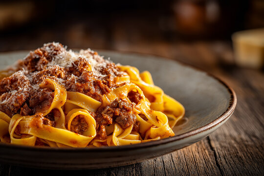 Tagliatelle al rag&ugrave; alla Bolognese, rich and slow-cooked meat sauce with beef and pork