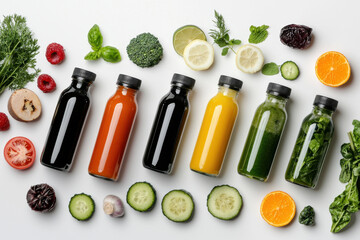 Refreshing packaged glass bottles of cold pressed juices displayed with fresh ingredients clean white background vibrant color palette health and wellness concept