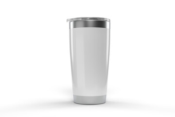 3D Stainless steel tumbler mockup with transparent plastic lid. Blank Insulated container aluminium mug isolated on background. Template for presentation branding product, thermos glass, beverage cup