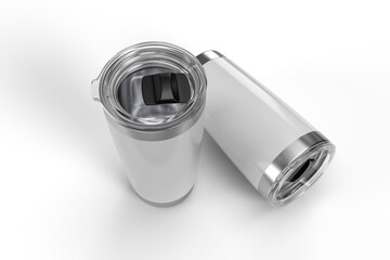 3D Stainless steel tumbler mockup with transparent plastic lid. Blank Insulated container aluminium mug isolated on background. Template for presentation branding product, thermos glass, beverage cup