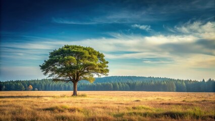 Obraz premium Desolate forest landscape with a single tree standing alone in the distance, vastness, quiet, vastness, quiet