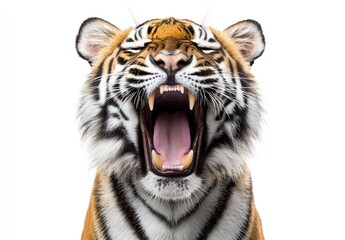 Fototapeta premium Majestic tiger roaring fiercely with open mouth and striking facial features on a clean white background
