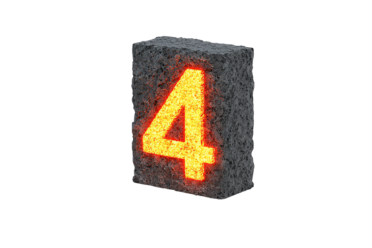 Glowing number four displayed on a rough, stone-like block.