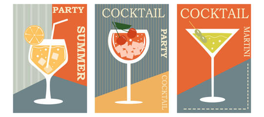 Cocktail Party, Nightclub. Set of flat poster, label, cover. Different glasses according to the menu. Alcoholic drinks.