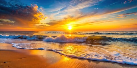 A serene wave gently lapping against the shoreline as a vibrant sunrise breaks over the horizon, casting a warm golden light on the sea and sky , blue, sunrise