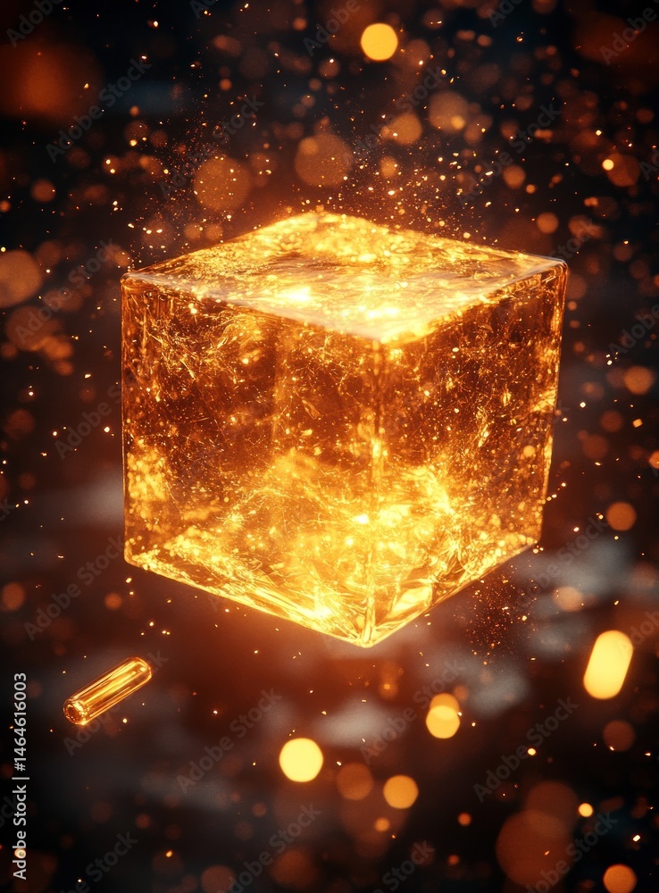 Aufkleber glowing crystal cube with sparkling particles isolated on dark background for fantasy and abstract t