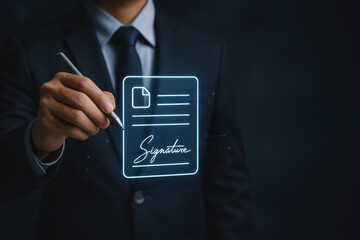 Digital document signing with a businessman signing a contract electronically showcasing innovation