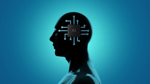 Cyberman with AI chipset, human technology and innovation idea, 3D looping animation.