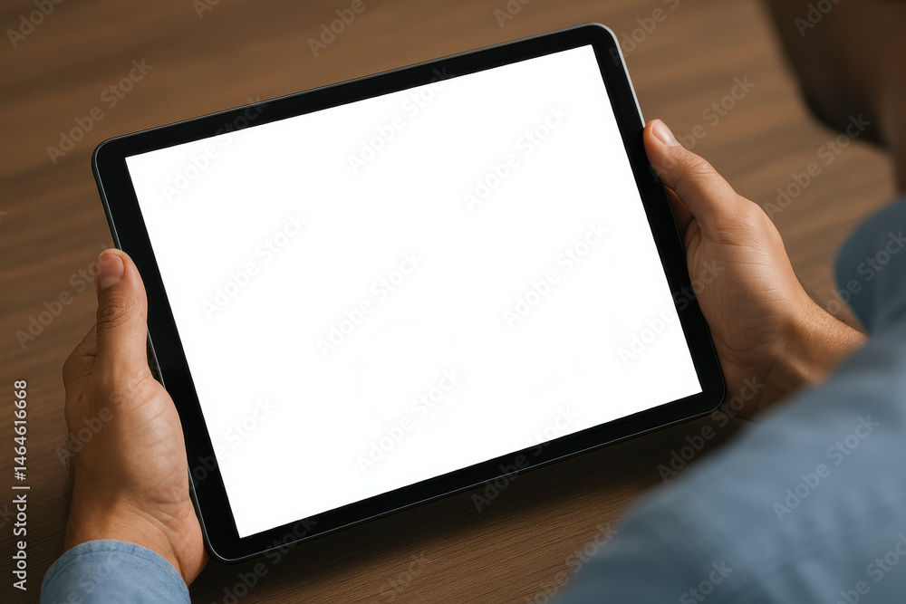 Poster a person holds a tablet with a blank screen symbolizing open potential for business strategy and dec