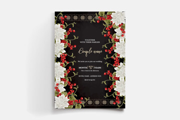 WEDDING INVITATION FRAME WITH FLOWER DECORATIONS AND FRESH LEAVES