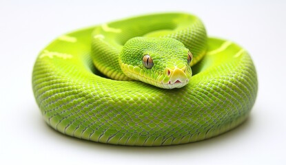 Obraz premium Vibrant Green Snake Coiled Gracefully on a White Background with Detailed Scale Texture and Captivating Eyes