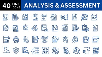 Analysis and Assessment editable icon set. Editable stroke. Vector illustration.