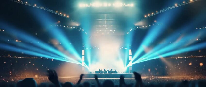 Full shot loop a concert stage illuminated with dynamic blue and orange lighting beams, Large crowd fills the stands