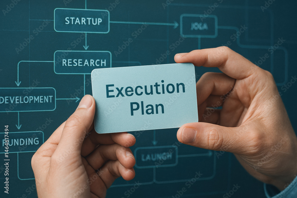 Poster a close-up view shows hands holding a card labeled execution plan illustrating strategic decision-ma