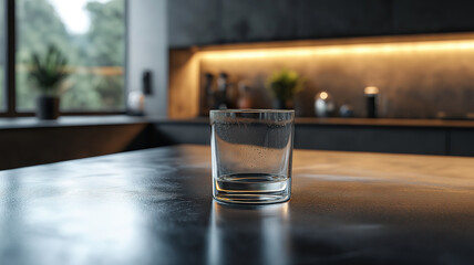 Rich dark alcohol glass on a leather countertop creating a stylish and cozy kitchen setting