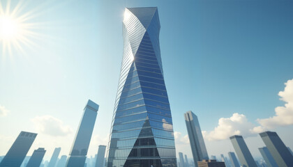 Naklejka premium Modern skyscraper towering against a clear blue sky 