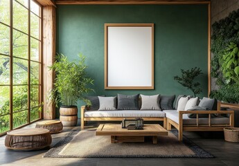 Modern Living Room with Green Accent Wall, Natural Elements, and Large Windows Overlooking Nature