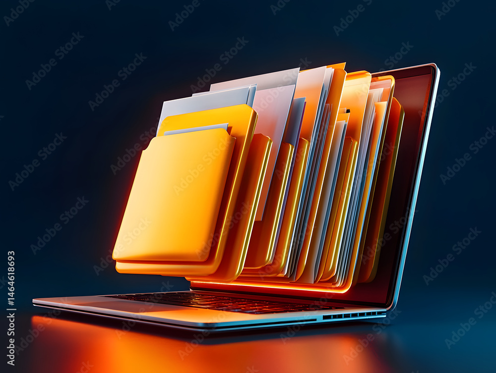 Poster modern data management: folder and documents exiting a laptop