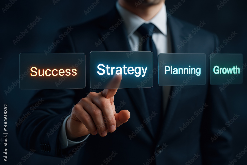 Poster an elegant man in a sharp suit engages with glowing data panels to enhance strategy planning and dri