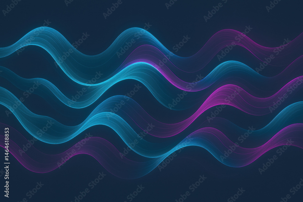 Poster dynamic abstract waveforms in vibrant cyan and magenta on a deep charcoal background symbolize innov
