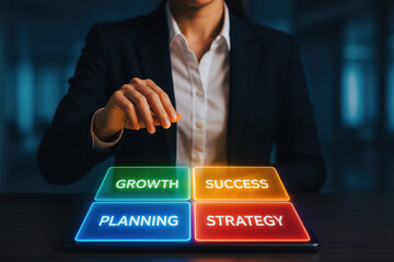A business professional interacts with a luminous digital interface symbolizing strategic planning and innovative growth for achieving success