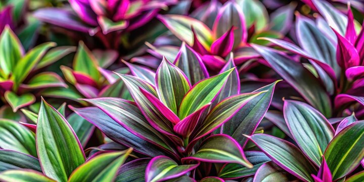 Colorful leafy foliage of Tradescantia spathacea plant with vibrant green and purple hues, in a lush garden setting