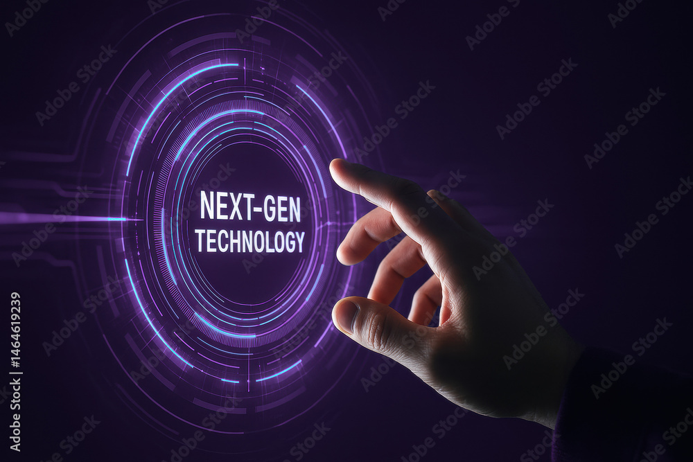 Poster a hand interacts with an advanced digital interface symbolizing next-generation technology emphasizi